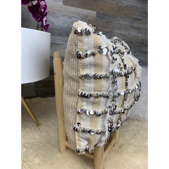 Vintage Moroccan Wedding Blanket Pillow, Sequined Handira Cushion 03YS00937 - Picture 3 of 10